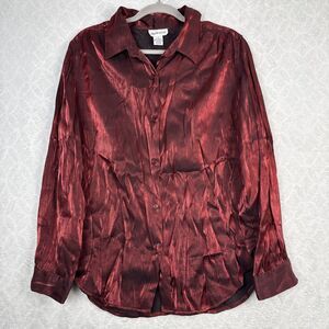 Vtg Metallic Button Up Top Womens 1X Red Black Crinkle Whimsigoth Vampy 90s Y2K